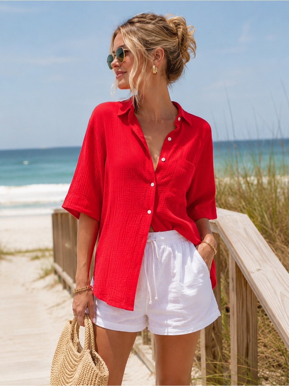 NWT J.CREW Airy Gauze Button-Up Shirt Radiant Red 100% Cotton XXS Oversized
